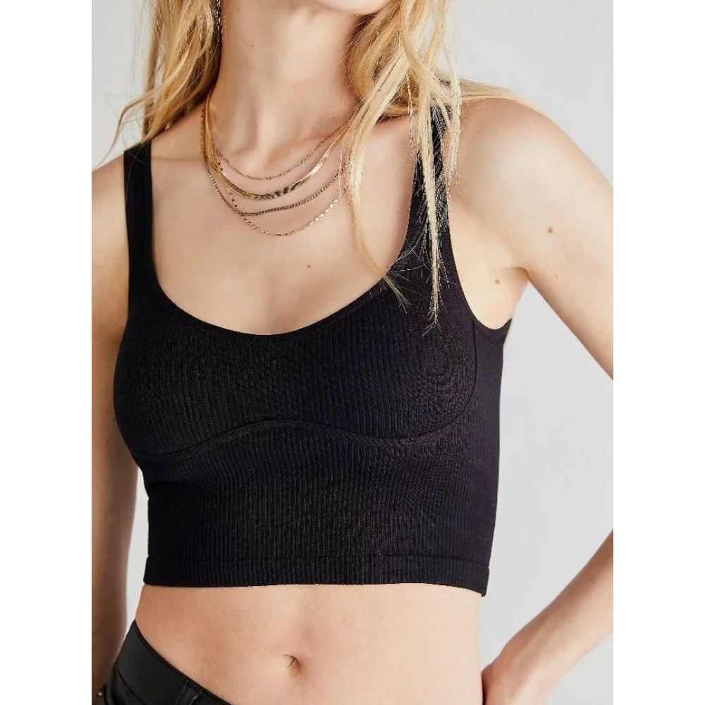 free people meg seamless crop top black ribbed, women size x-small / small